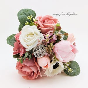 Bridal or Bridesmaid Wedding Bouquet Eucalyptus Peonies Roses Hydrangea Mauve Pink White with Brooches - Add Boutonniere Flower Crown More!