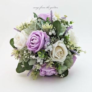 Bridal Bridesmaid Bouquet Sage Lavender White Roses Lavender Sage Hydrangea Baby&#39;s Breath - Add Groom Boutonniere Matching Corsage & More!