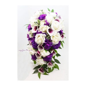 Cascade Bridal Bouquet Real Touch Callas White Roses Hydrangea - Add Groom Boutonniere Matching Corsage Bridesmaid Flower Crown & More