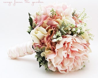 Bridal or Bridesmaid Wedding Bouquet Lily of the Valley Peonies Roses Hydrangea Pink White - Add Groom's Boutonniere Flower Crown and More!