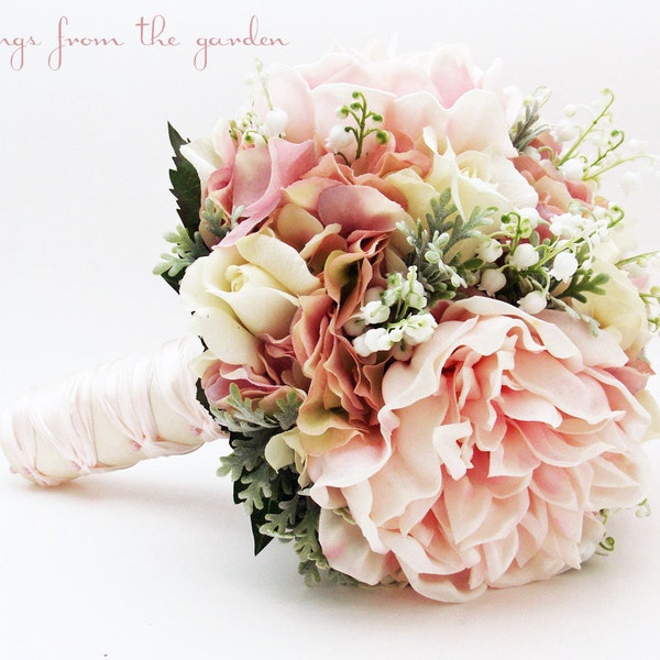 Bridal or Bridesmaid Wedding Bouquet Lily of the Valley Peonies Roses Hydrangea Pink Ivory - Add Groom's Boutonniere Flower Crown and More!