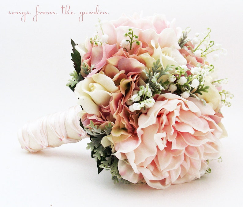 Bridal or Bridesmaid Wedding Bouquet Lily of the Valley Peonies Roses Hydrangea Pink White - Add Groom's Boutonniere Flower Crown and More! 