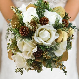 Winter Wedding Bridal Bouquet Evergreens Gold & White Bouquet Eucalyptus Pine Cones Real Touch Roses add a Groom's Boutonniere and More image 1