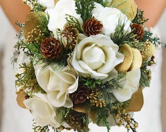 Winter Wedding Bridal Bouquet Evergreens Gold & White Bouquet Eucalyptus Pine Cones Real Touch Roses - add a Groom's Boutonniere and More!