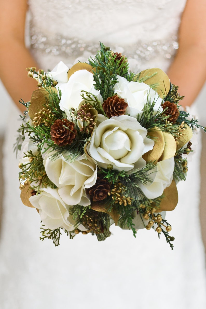 Winter Wedding Bridal Bouquet Evergreens Gold & White Bouquet Eucalyptus Pine Cones Real Touch Roses add a Groom's Boutonniere and More image 1