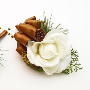 Winter Wedding Bridal Bouquet Evergreens Gold & White Bouquet Eucalyptus Pine Cones Real Touch Roses add a Groom's Boutonniere and More Matching Corsage