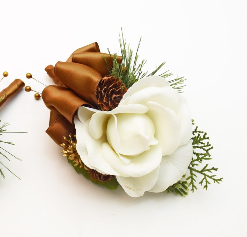 Winter Wedding Bridal Bouquet Evergreens Gold & White Bouquet Eucalyptus Pine Cones Real Touch Roses add a Groom's Boutonniere and More Matching Corsage