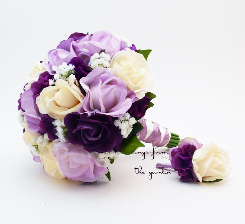 Bridal or Bridesmaid Wedding Bouquet Lavender and Ivory Roses /& Baby/'s Breath add Groom or Groomsman Boutonniere Real Touch Purple
