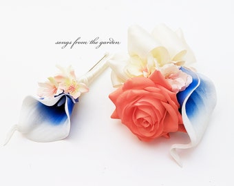 Real Touch Royal Blue Calla Coral Rose Cherry Blossom - Boutonniere or Corsage - Customize for Your Wedding Colors - Wedding Prom Homecoming