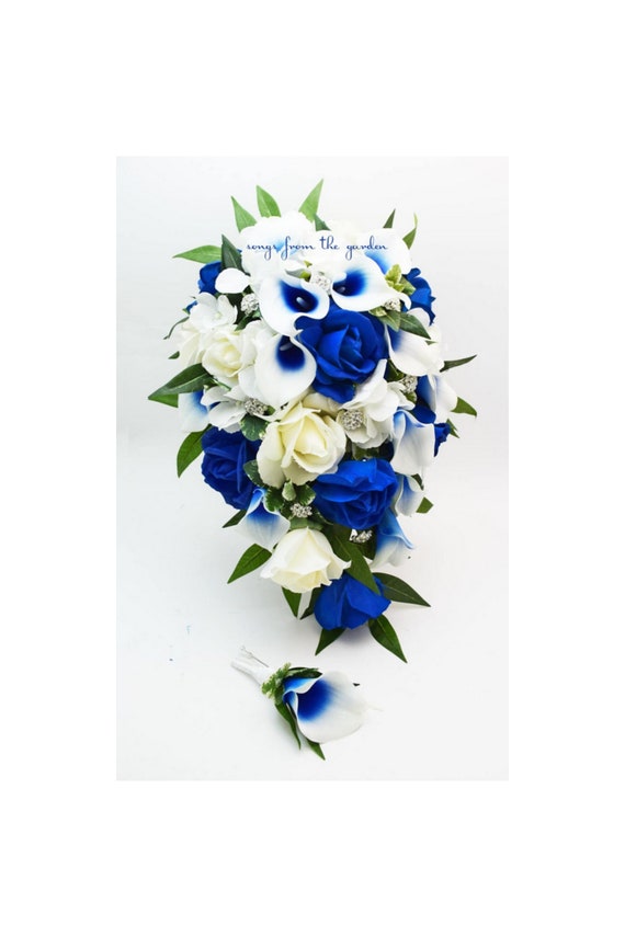 Cascade Bridal Bouquet Royal Blue Callas Real Touch White - Etsy