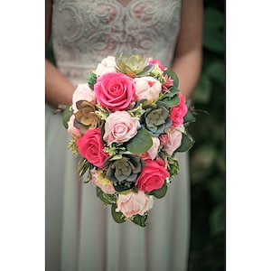Cascade Bridal Bouquet Hot Pink Blush Pink Roses Peonies Succulents Greenery - Add Groom Boutonniere Bridesmaid Bouquet Corsage & More!