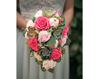 Cascade Bridal Bouquet Hot Pink Pale Pink Roses Succulents Greenery  - Add Groom Boutonniere Bridesmaid Bouquet Corsage & More!