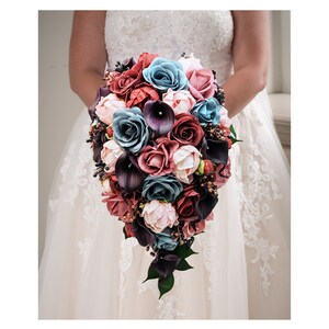 Cascade Bridal Bouquet Plum Burgundy Blush Dusty Blue Rose Gold - Roses Peonies Callas - Add Groom Boutonniere Bridesmaid Bouquet & More!