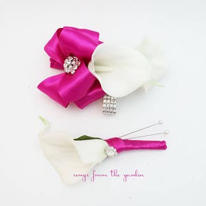 Fuchsia and White Callas and Rhinestones Real Touch Wedding Boutonniere and Corsage - Wedding Homecoming Prom Corsage