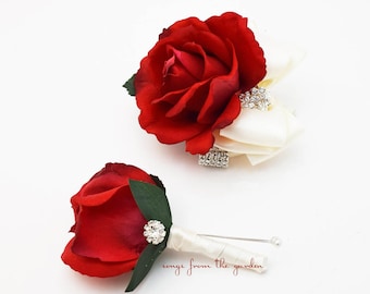 Corsage Boutonniere Red and Ivory with Rhinestones Real Touch Rose Wedding Corsage Mother of the Bride Father Flowers Prom Corsage