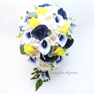 Navy Blue Yellow White Gold Cascade Faux Bridal Bouquet - Add Corsage Boutonniere Bridesmaid Bouquet Wedding Flower Crown Cake Flowers More!