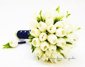 Real Touch Tulips Bridal Bouquet White Navy Blue Ribbon Groom's Boutonniere -White Tulip Wedding Flower Package