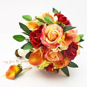 Autumn Wedding Bridal or Bridesmaid Bouquet - add a Groom's or Groomsmen Boutonniere - Real Touch Roses Calla Lily - Fall Color Bouquet