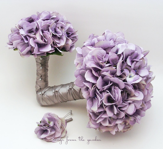 Choose Ribbon Silk Flower Wedding Bouquet for Bride or Bridesmaids Ready to Ship Lavender Hydrangea Add a Groom Groomsmen Boutonnieres