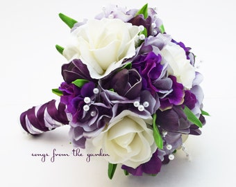 Bridal or Bridesmaid Bouquet Real Touch Roses Lavender Purple Hydrangea Tulips - Add Groom Groomsman Boutonniere Matching Corsage and More!