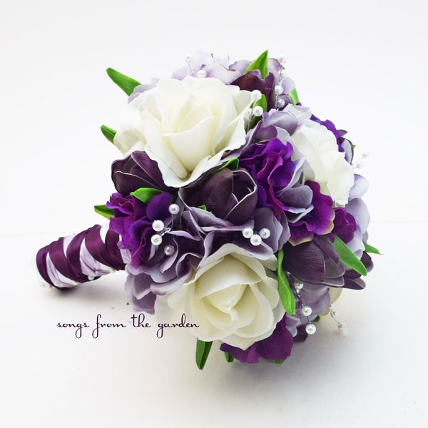 Bridal or Bridesmaid Bouquet Real Touch Roses Lavender Purple Hydrangea Tulips - Add Groom Groomsman Boutonniere Matching Corsage and More!