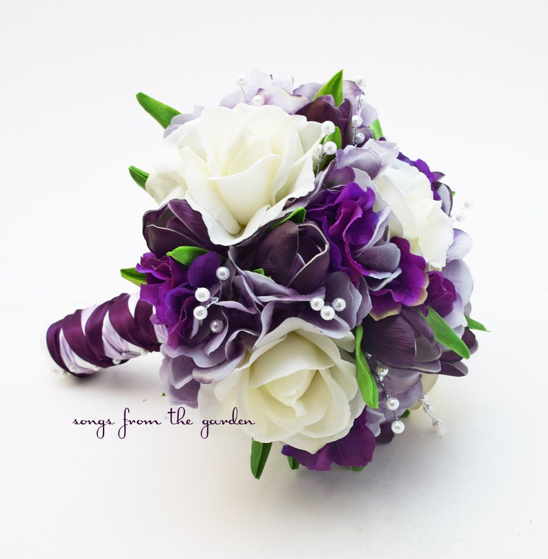 Bridal or Bridesmaid Bouquet Real Touch Roses Lavender Purple Hydrangea Tulips - Add Groom Groomsman Boutonniere Matching Corsage and More! 