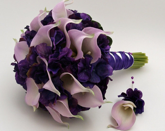 Reserved Real Touch Calla Lily Hydrangea Bridal Bouquet Groom's ...