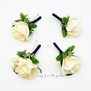 Ivory Rose Boutonnieres - Hops and Eucalyptus Accents - Navy Ribbon - Wedding Groom Groomsmen Boutonnieres Prom Homecoming Boutonniere