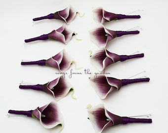 Real Touch Plum Picasso Calla Lily Boutonnieres Groom Groomsmen -  Wedding Prom Groom Groomsmen- Customize for Your Wedding Colors