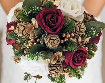 Bridal Bouquet Evergreens Burgundy Gold & White Bouquet Pine Cones Real Touch Roses - add a Groom's Boutonniere Bridesmaids Bouquet More!