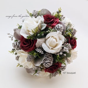 Bridal Bouquet Evergreens Burgundy Silver & White Bouquet Pine Cones Real Touch Roses - add a Groom's Boutonniere Bridesmaids Bouquet More!