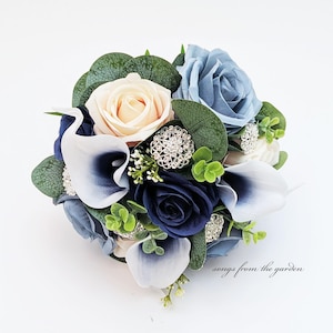 Dusty Blue Navy Champagne Bridal or Bridesmaid Prom Bouquet -Add Groom Groomsmen Boutonniere Wedding Corsage Arch Flowers Flower Crown More!