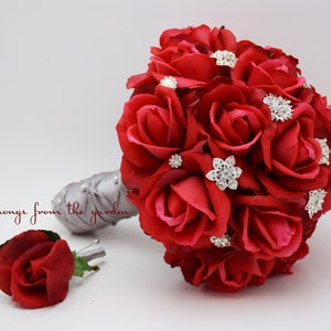 Red Roses Rhinestones Bridal or Bridesmaid Bouquet - Real Touch - add a Groom or Groomsman Boutonniere or Arch Flowers Centerpieces & More!