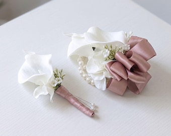 Real Touch White Calla Lily Corsage or Boutonniere – Choose Your Ribbon For Wedding Prom