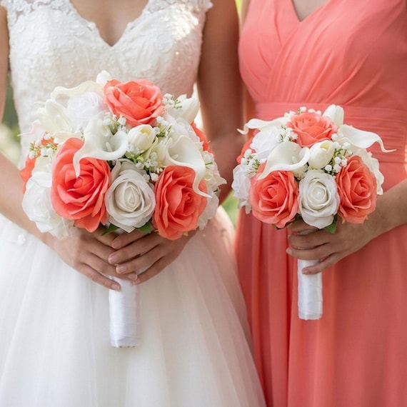 white and coral bridesmaid dresses Coral White Bridal Bridesmaids Prom Wedding Bouquet - Add a Groom's  Boutonniere Corsage Flower Crown More!