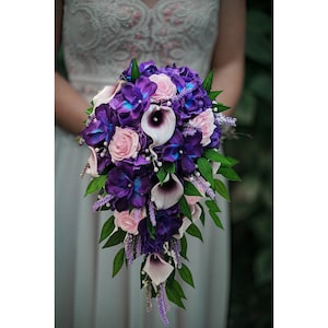 Galaxy Blue Orchid Picasso Callas Pink Roses Cascade Bridal Bouquet - add a Groom&#39;s Groomsmen Boutonniere Bridesmaid Bouquet Corsage & More!