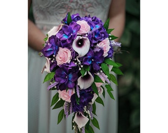 Galaxy Blue Orchid Picasso Callas Pink Roses Cascade Bridal Bouquet - add a Groom's Groomsmen Boutonniere Bridesmaid Bouquet Corsage & More!