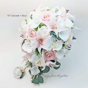 Cascade Bridal Bouquet Blush Tiger Lily Pink Roses Orchids Calla Lilies Blush Pink White  - Add Bridesmaid Bouquet Groom Boutonniere More!