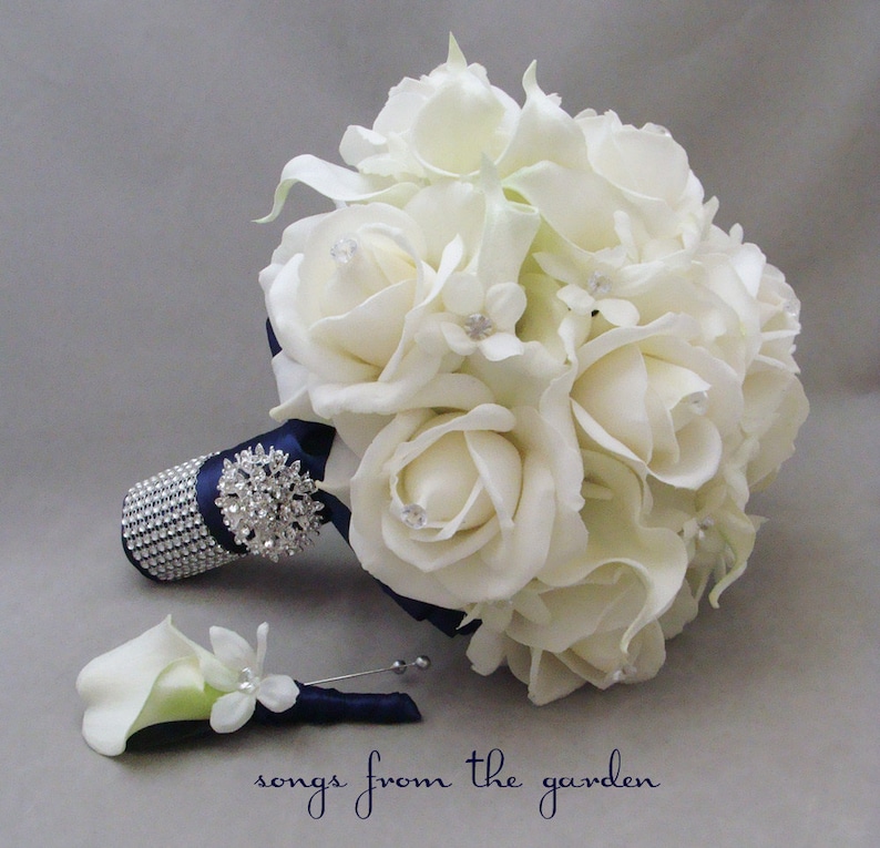 Navy White Wedding Flower Package Bridal Bouquet Stephanotis - Etsy