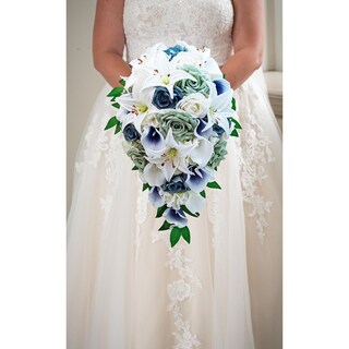 EWIASI Bouquet Da Sposa A Cascata Blu Navy - Fiori Artificiali In Seta Con Perle