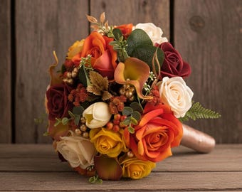 Ramo de novia para graduación: Borgoña, naranja, champán y dorado - Añadir boutonniere, ramillete de dama de honor Más