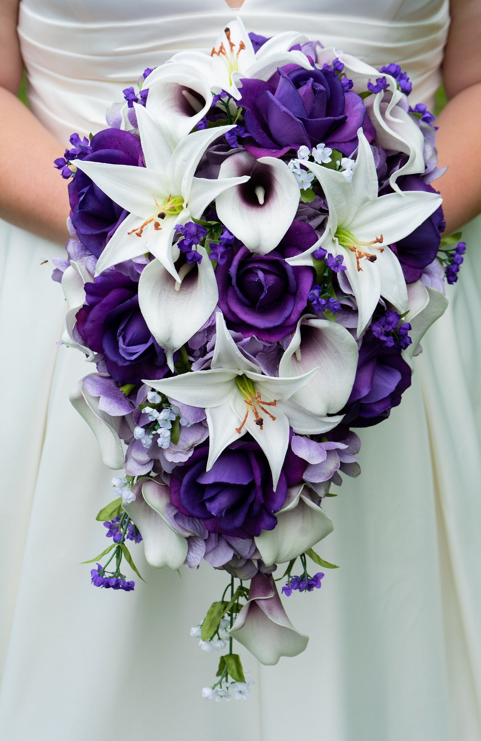 White Waterfall Wedding Bouquet Calla Bride Holding Flowers Artificial Silk Rose 