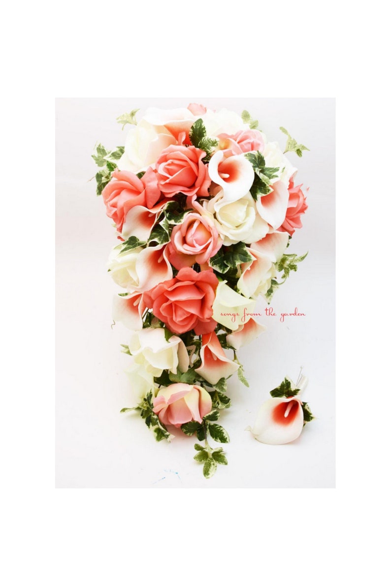 Cascade Bridal Bouquet 5 ☆ popular Coral Picasso Callas Beauty products Cor Real White Touch