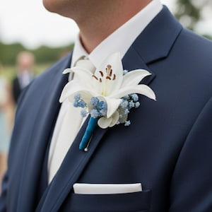 White Lily  Boutonniere Light Blue Baby's Breath- Wedding Homecoming Prom Boutonniere
