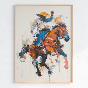 Arte de parede abstrata de rodeio de cowboy – Impressão de cavalgada ocidental – Decoração de rancho rústico – Pintura com pinceladas ousadas – Pôster colorido do sudoeste