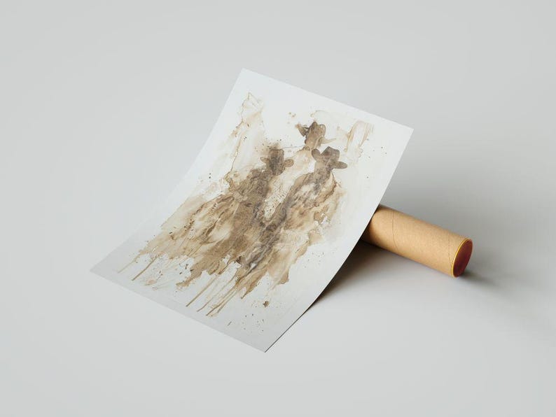 May include: An abstract print depicting three figures in hats, rendered in shades of brown. The artwork is displayed on white paper, supported by a brown cardboard tube. The background is neutral.