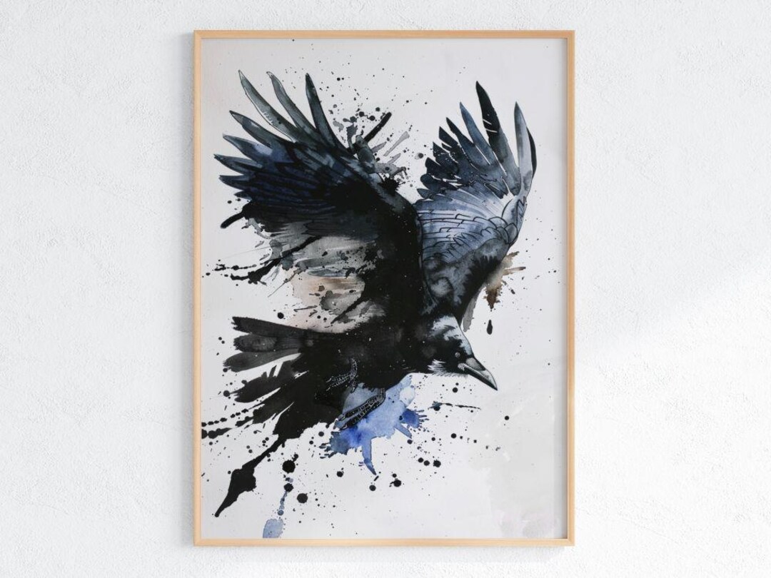 Raven Diving Ink Splash Art Print, Abstract Crow Wall Decor, Gothic ...