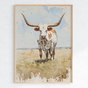 Texas Longhorn Watercolor Art Print – Western Ranch Wall Decor – Rustic Farmhouse Cattle Painting – Country Cowboy Western Style