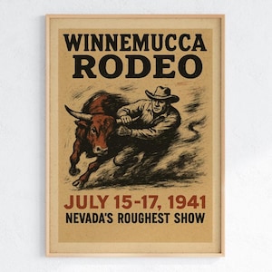 Winnemucca Rodeo Poster – 1941 Vintage Nevada Cowboy Print, Steer Wrestling Western Wall Art (Digital + Physical)
