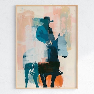 Abstract Cowboy on Horseback in Teal and Peach – Modern Western Wall Art, Minimal Desert Cowboy Print, Rustic Ranch Decor for Home